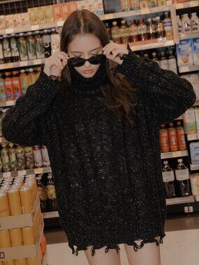 Neely Black Shimmer Cable Knit Distressed Sweater